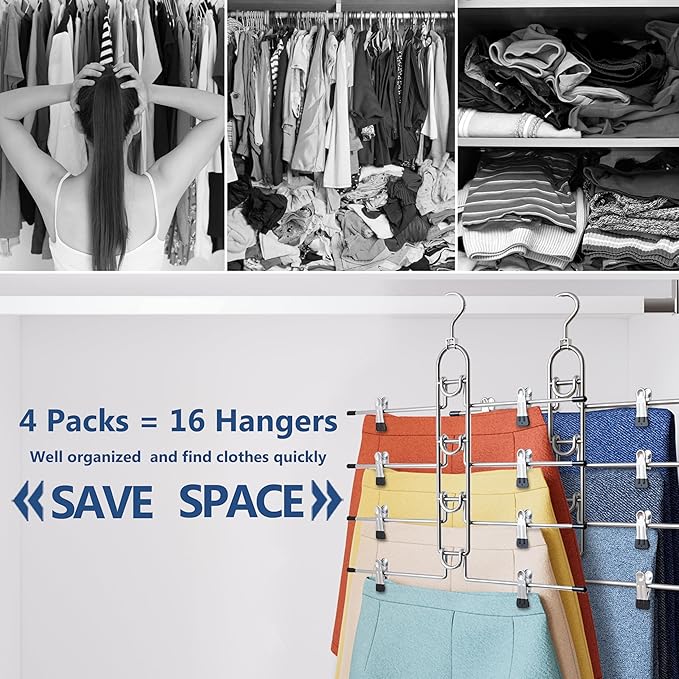 Pants Hangers With Clips, Newly Upgraded Detachable Space Saving Hangers for Skirts, Shorts & Trousers with Non slip clip,Heavy Duty Skirt Hangers - Hanging Closet Organizer And Storage,Patent Pending