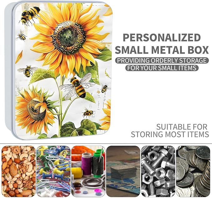 Metal Tin Box Sturdy Metal Storage Box with Lid, Large Container Holder for TCG Cards,Car Keys,Cookies,Tin Containers for Gift,5.0x3.7x1.6 Inch,Exquisite Pattern Design(Bee Sunflowers)