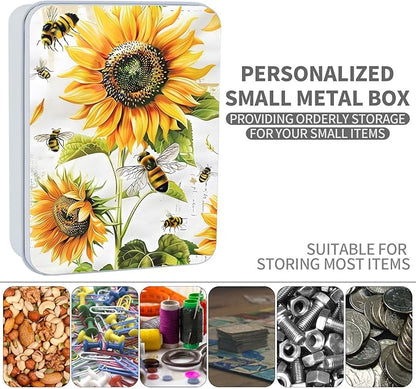 Metal Tin Box Sturdy Metal Storage Box with Lid, Large Container Holder for TCG Cards,Car Keys,Cookies,Tin Containers for Gift,5.0x3.7x1.6 Inch,Exquisite Pattern Design(Bee Sunflowers)