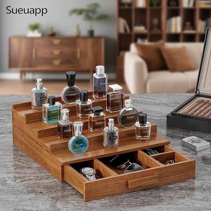 Cologne Organizer for Men,4 Tier Walnut Wood Cologne Stand,Cologne Shelf Display Holder with Hidden Storage and Drawer,Perfume Stand Organizer Great Gifts for Men
