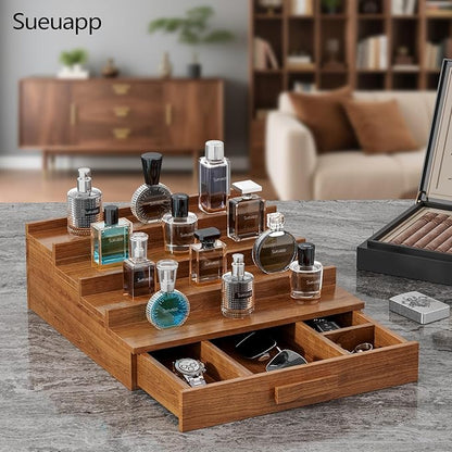 Cologne Organizer for Men,4 Tier Walnut Wood Cologne Stand,Cologne Shelf Display Holder with Hidden Storage and Drawer,Perfume Stand Organizer Great Gifts for Men