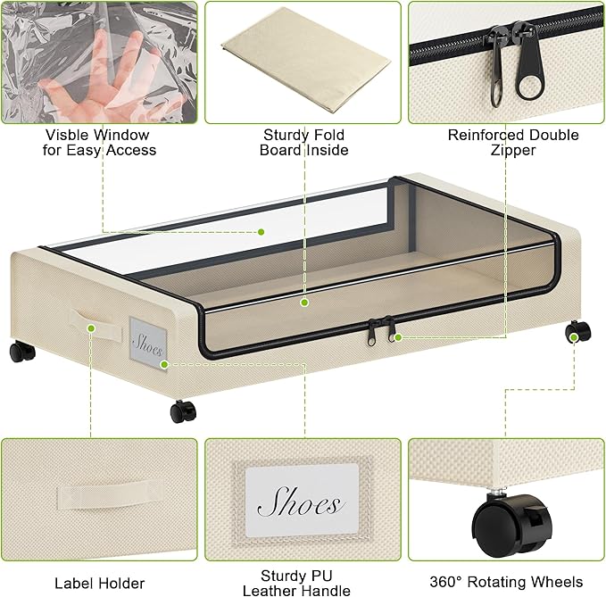 Tututry Under Bed Storage with Wheels, XXL 60L Under the Bed Storage Bins, Underbed Storage Containers with Lids & Label, Rolling Metal Drawer for Shoes, Clothes, Books, Toys (4-Pack Beige)