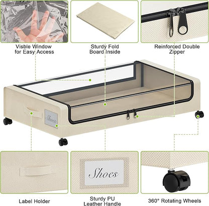 Tututry Under Bed Storage with Wheels, XXL 60L Under the Bed Storage Bins, Underbed Storage Containers with Lids & Label, Rolling Metal Drawer for Shoes, Clothes, Books, Toys (4-Pack Beige)