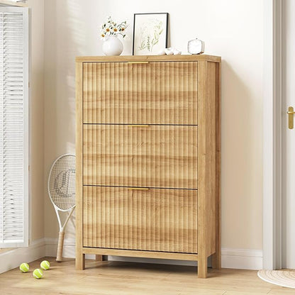 YOMILUVE Shoe Cabinet Storage for Entryway, Fluted Shoe Cabinet with 3 Flip Drawers, Hidden Shoe Rack Tall Freestanding Shoe Organizer with Legs for Hallway, Oak