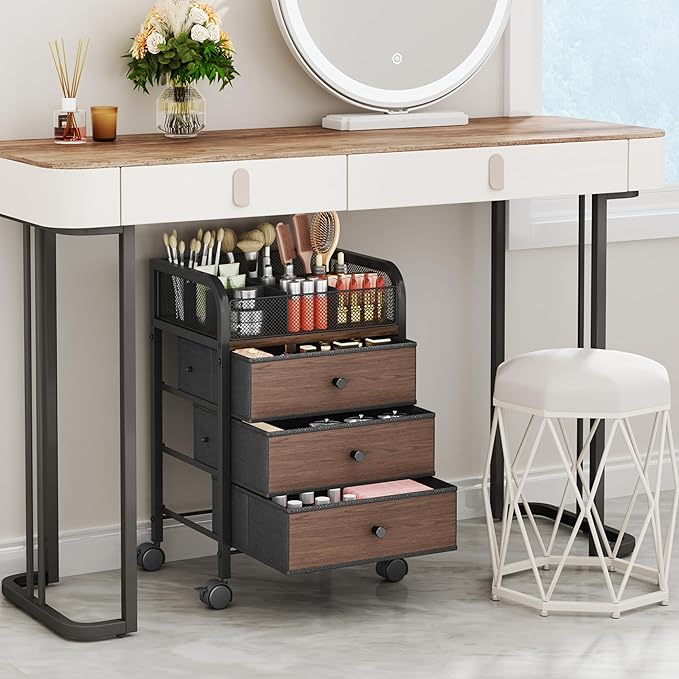 SWTYMIKI Rolling Makeup Organizer Cart - 14.96″*11.81″*23.03″ Widened Under Desk Vanity Storage with 3 Non-woven Drawers, Cosmetic Display Cases for Skin Care Perfume Nail Polish Brush Hair Tool Black