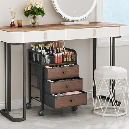 SWTYMIKI Rolling Makeup Organizer Cart - 14.96″*11.81″*23.03″ Widened Under Desk Vanity Storage with 3 Non-woven Drawers, Cosmetic Display Cases for Skin Care Perfume Nail Polish Brush Hair Tool Black