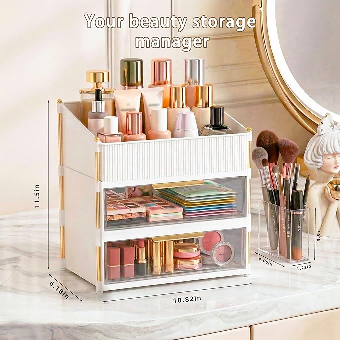 Large Capacity Makeup Organizer Countertop with Brush Holder, Vanity Skincare Perfume Storage Box for Bathroom, Mother's Day Birthday Anniversary Teen Girl Gifts for Women Mom