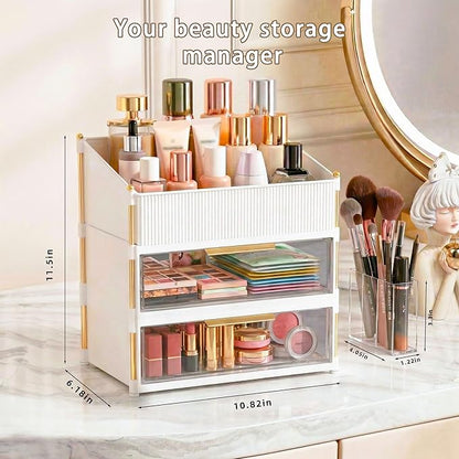 Large Capacity Makeup Organizer Countertop with Brush Holder, Vanity Skincare Perfume Storage Box for Bathroom, Mother's Day Birthday Anniversary Teen Girl Gifts for Women Mom