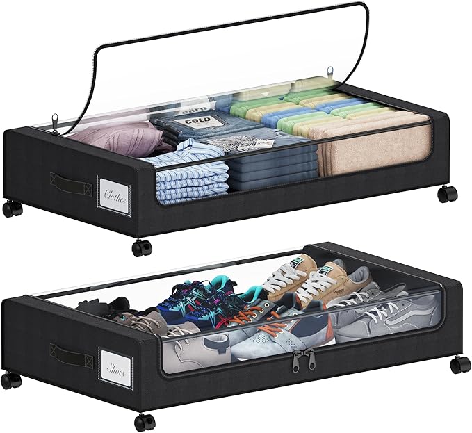 Tututry Under Bed Storage with Wheels, XXL 60L Under the Bed Storage Bins, Underbed Storage Containers with Lids & Label, Rolling Metal Drawer for Shoes, Clothes, Books, Toys (2-Pack Black)