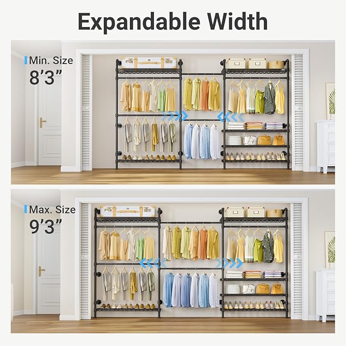 Timate F3 Plus Wall Mounted Clothes Rack Industrial Pipe Clothing Rack for Hanging Clothes, Heavy Duty Clothes Rack with Shelves, Expandable Garment Rack Wall Closet System, Black Pipe Closet Kit