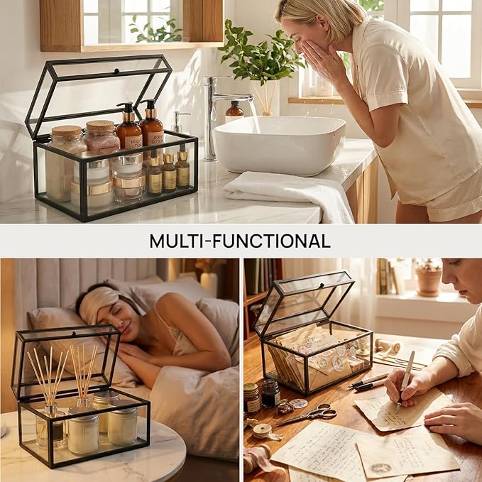 40 Lipsticks Organizer with Lid, Glass Display Box Fits Large Perfume & Skincare, Easy-Access Organiser for Vanity Countertop, Multifunctional Display Box in Any Rooms