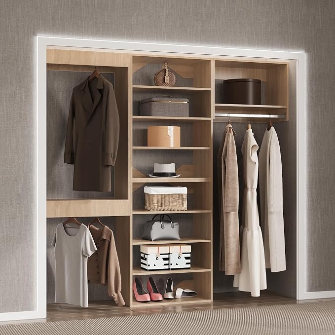 Modular Closet Organizer, 84" Wide Tower System with Hanging, Wooden Closet Storage for Walk-In and Bedroom, Wall-Mounted Wardrobe Organizer Kit