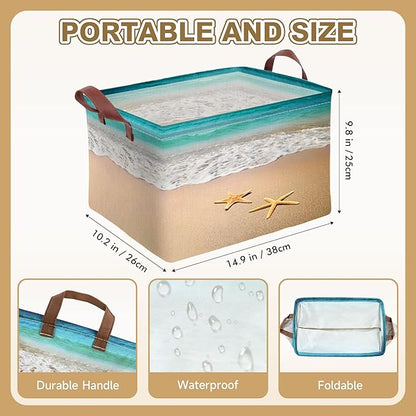 Beach Starfish Storage Basket Waterproof Canvas Toy Storage Bin Beach Room Decor Collapsible Outdoor Basket with Leather Handles Beach Decor Blanket Baskets For Closets,Bedrooms,Gifts Baskets