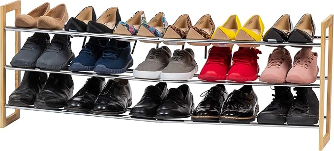 IRIS USA 3-Tier Shoe Rack, Up to 15 Pairs, 25" - 46" L Extendable Shoe Shelf, for Entryway Mudroom, Extendable Shoe Organizer for Closet, Stackable Shoe Storage, Metal Shoe Shelf for Small Space