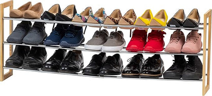 IRIS USA 3-Tier Shoe Rack, Up to 15 Pairs, 25" - 46" L Extendable Shoe Shelf, for Entryway Mudroom, Extendable Shoe Organizer for Closet, Stackable Shoe Storage, Metal Shoe Shelf for Small Space