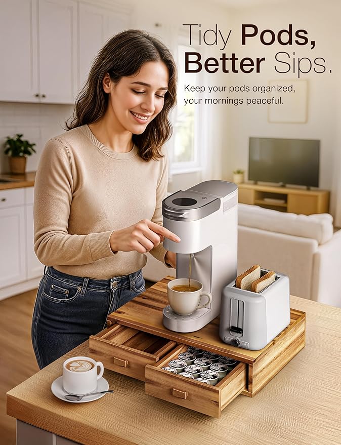 Tinamo Acacia Wood Coffee Pod Storage Box, 30 Pod Capacity, Coffee Pods and Tea Organizer Holder, K Pod Drawer Coffee Maker Machine Stand, for K-Cup Drawer Organizer Under Brewer (Acacia, 2 drawer)