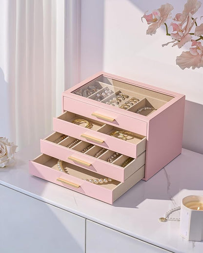 pickpiff Jewelry Box Organizer Case for Women: 4-Layer Jewelry Storage Case with Glass Window, Pink Leather with Velvet Holder for Ring Necklace Bracelet Brooch Watch, Great Gift for Her
