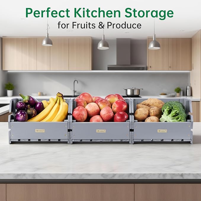 Wood Potato Onion Storage Bins - Wooden Stackable Produce Basket - Fruit Vegetable Storage for Kitchen Pantry Organization, Set 3 Pieces