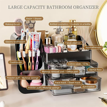 Makeup Organizer with Drawers for Vanity Bathroom Counter Organizers and Storage, Large Skincare Organizer with Brush Toothbrush Holder for Perfume, Nail Polish, Dresser, Office Supplies, Black