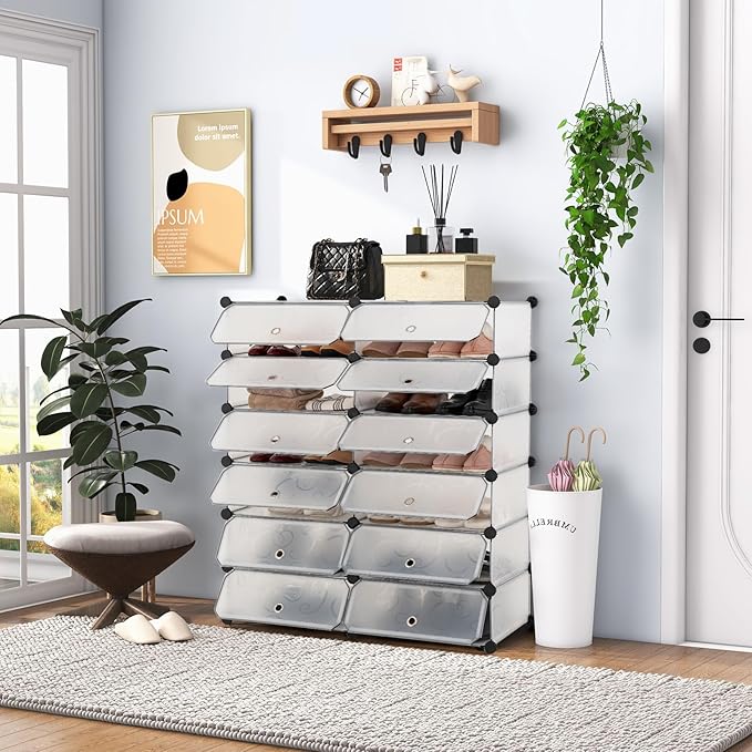 HAPPYGRILL Shoe Rack Organizer, 12-Cube Modular Plastic Shoes Storage Cabinet with 6-Tier Shoe Shelves & Transparent Doors, DIY Design, Freestanding Shoe Cabinet for 24 Pairs Shoes (White)