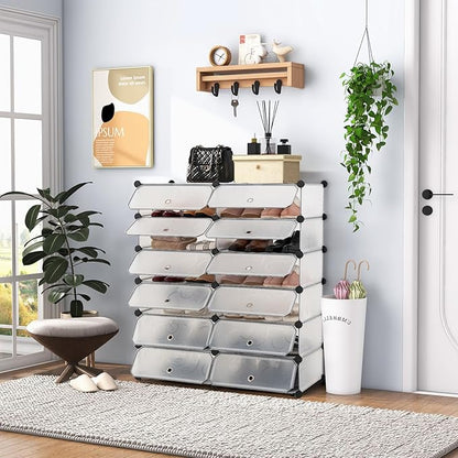 HAPPYGRILL Shoe Rack Organizer, 12-Cube Modular Plastic Shoes Storage Cabinet with 6-Tier Shoe Shelves & Transparent Doors, DIY Design, Freestanding Shoe Cabinet for 24 Pairs Shoes (White)