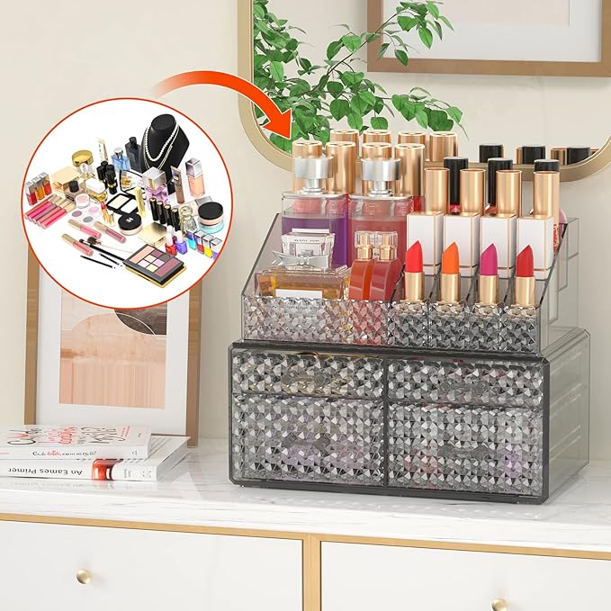 Awenia 2 Pack Stackable Makeup Organizer with Drawers[Upgraded]-Acrylic Make up Organizers and Storage Case for Cosmetics,Brush,Perfume,Jewelry Display, Vanity and Bathroom Accessories