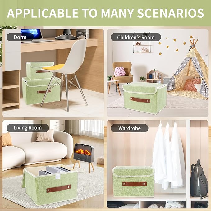 Large Storage Bin with Lid Storage Boxes,Collapsible Linen Storage Basket Container with Lid Storage Cube for Organizing Closets,3 Pack(Green)