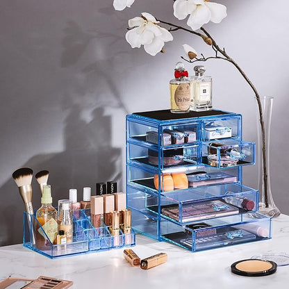 Sorbus Acrylic Makeup Organizer Set, 7-Drawer Vanity & Countertop Cosmetic Storage with Small & Wide Compartments, Blue Brilliance Makeup Storage for Brushes, Jewelry – Holiday Gift for Women & Teens