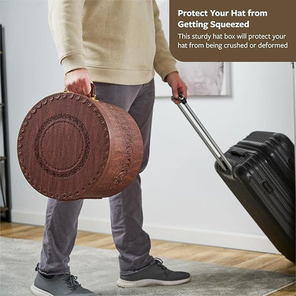 Creative Scents Large Hat Box for Men & Women Storage- Round Hat Box Container Easy Travel with Gold locking Lid and Sturdy Handle Great for Carrying & Protecting Round Hats and Caps. (Brown)