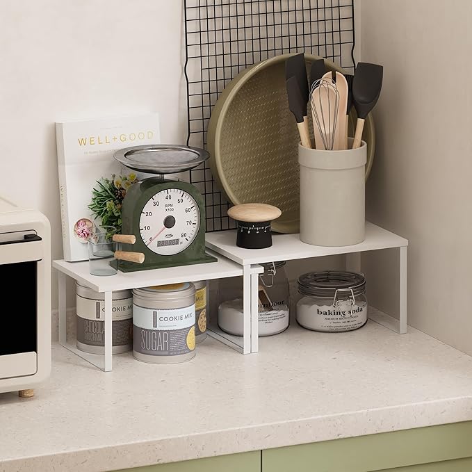 Furinno RAVEL Kitchen Countertop Organizer Set of 2, Nesting Counter Shelves, Kitchen Storage, Expandable, Stackable, Spice Rack, for Kitchen, Pantry, Coffee Bar, White