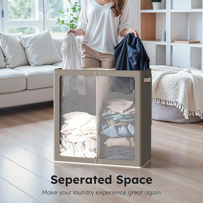 SOLEDI Large Double Laundry Hamper with Lid, Collapsible Clothes Hamper 2 section with Removable Bags, Space-Saving Laundry Basket for Bedroom, Dorm, College