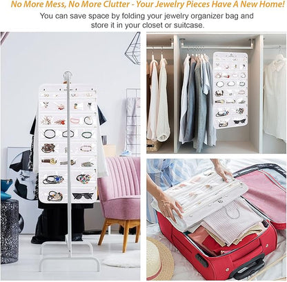 Hanging Jewelry Organizer with 50 Transparent Pockets, 360° Rotating Hanger & Secure Zipper Closure - Foldable Double Sided Jewelry Storage Bag for Earrings, Rings, Necklaces, Bracelets (White)