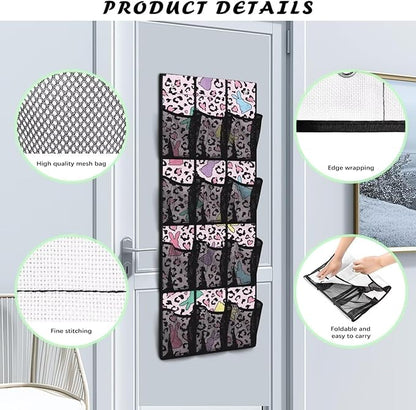 Colorful Leopard Prints Hanging Storage Bags,Shoe Organizer Door Hanger with 12 Mesh Large Pockets,Space Saver Hanging Shoe Storage Hanging Bag