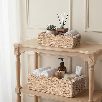 iEGrow Paper Rope Small Storage Baskets for Organizing, Set of 2 Scalloped Edge Wicker Basket with Wooden Handles Toilet Paper Basket for Over Toilet Storage Shelf, Home Decor, Living Room (Beige)