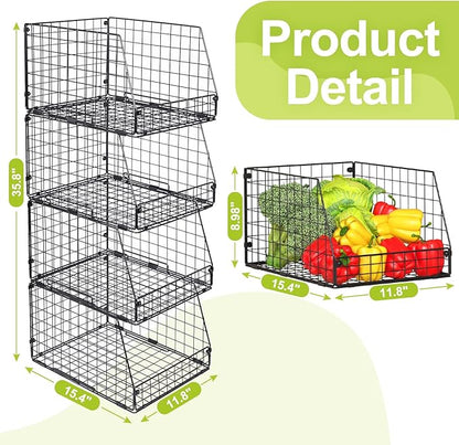 Jakyitvi 4 Pack XXL Stackable Wire Storage Basket, Extra Large Capacity Pantry Organizer and Storage, Muti-Purpose for Fruit Vegetable Basket & Toy Bin & Snack Organizer