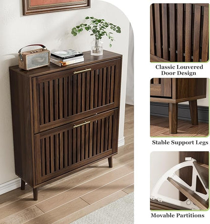 Shoe Cabinet, Shoe Storage Cabinet with Louvered 2 Flip Drawers, Narrow Shoe Cabinet Storage for Entryway, Freestanding Shoe Organizer Cabinet with Golden Handles, Slim Shoe Rack Cabinet (Walnut)
