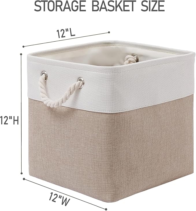 MidmmVick 12 x 12 Inch Cube Storage Bins, 6 Pack Large Collapsible Fabric Storage Bin with Ropes, Foldable Storage Cubes for Home, Office,Closet, Clothes, Toys Organizer (White & Beige)