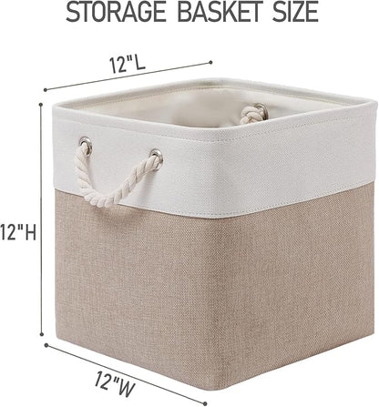MidmmVick 12 x 12 Inch Cube Storage Bins, 6 Pack Large Collapsible Fabric Storage Bin with Ropes, Foldable Storage Cubes for Home, Office,Closet, Clothes, Toys Organizer (White & Beige)