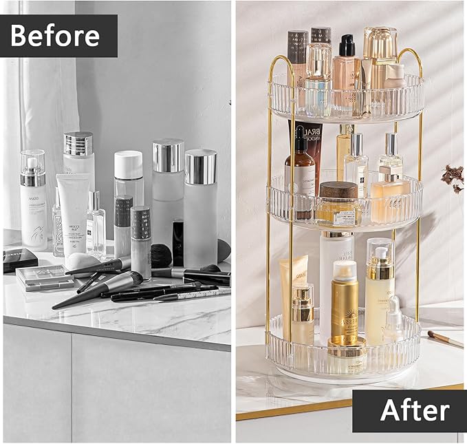 shuang qing Rotating Makeup Organizer for Vanity, Large Capacity Skincare Perfume Storage, Bathroom Counter Organizer, 360 Spinning Cosmetic Dresser Countertop Organizers (Clear, 3 Tier)