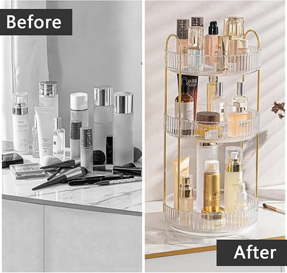 shuang qing Rotating Makeup Organizer for Vanity, Large Capacity Skincare Perfume Storage, Bathroom Counter Organizer, 360 Spinning Cosmetic Dresser Countertop Organizers (Clear, 3 Tier)