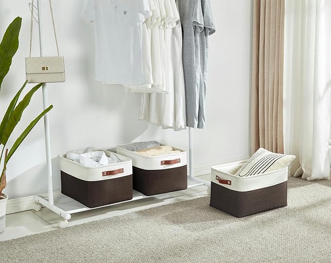 DECOMOMO Storage Bins, Extra Large Fabric Storage Baskets for Shelves, Decorative Linen Closet Organizer, 15.8 x 12.5 x 10 inches (Brown & White, 3 Pack)