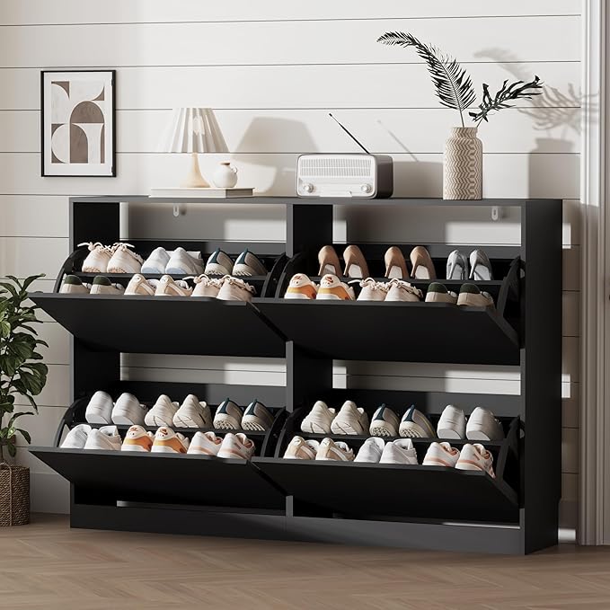 Xixini Shoe Storage Cabinet for Entryway with 4 Flip Drawers, Sturdy Wood Hidden Shoe Storage, Freestanding Narrow Slim Shoe Organizer for Front Door Entrance, Living Room, Hallway, Bedroom, Black