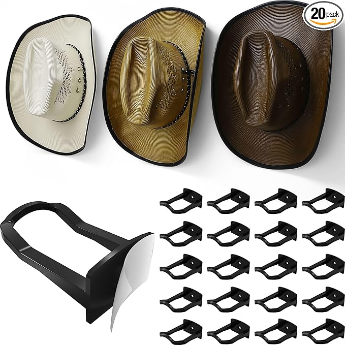Modern JP Adhesive Cowboy Hat Hooks for Wall (20-Pack) – 3-Inch Wall Mount for Secure Hold, Wide Brim Hat Organizer, Western Room Decor – Black