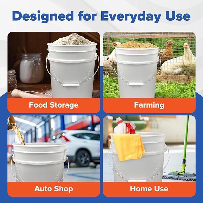 ePackageSupply 5 Gallon Bucket - Food Grade Bucket with Airtight Gamma Seal Screw-On Lid, BPA-Free, Heavy-Duty 90 Mil HDPE Plastic, Bulk Storage, Durable Container, Made in USA, White/White, 6 Packs