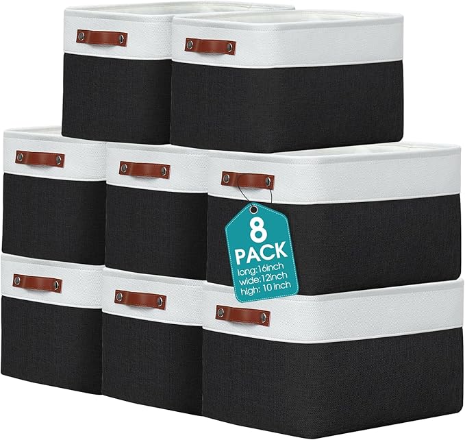 Uiifan 8 Pack 16 x 12 x 10 Inch Large Storage Baskets Collapsible Fabric Storage Cubes Bins with Handles for Shelves Closets Nursery Home Clothes Toys Organizers, Black