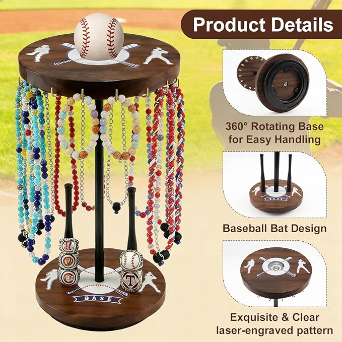 Baseball Drip Holder & Championship Ring Display - Baseball Jewelry Stand for Men with 18 Hooks, 360°Rotating Baseball Necklace and Ring Holder, Perfect Gifts for Baseball Players and Lovers