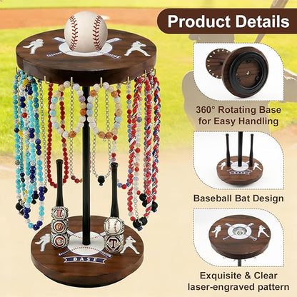 Baseball Drip Holder & Championship Ring Display - Baseball Jewelry Stand for Men with 18 Hooks, 360°Rotating Baseball Necklace and Ring Holder, Perfect Gifts for Baseball Players and Lovers