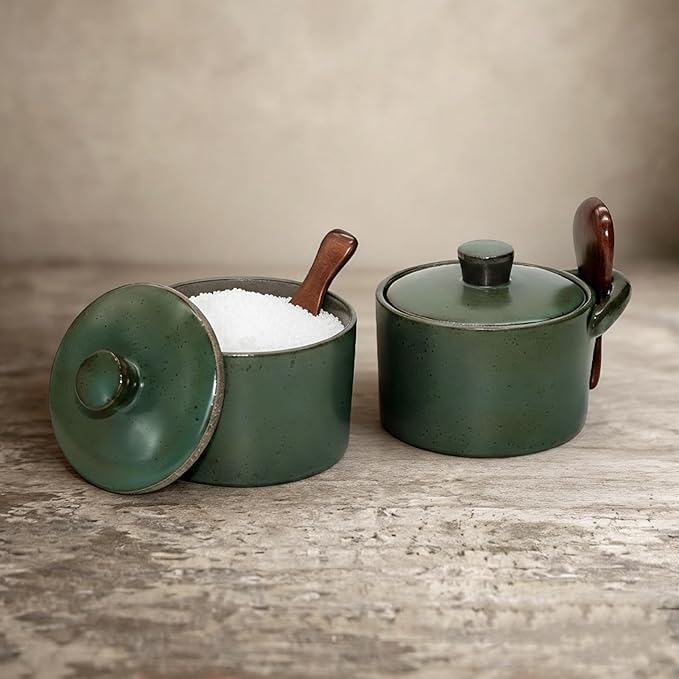 Handcrafted Speckled Ceramic Salt Cellar with Wooden Spoon, Rustic Vintage Spice Jar, Dishwasher Safe, 8.45 fl oz (Vintage Green set of 2)