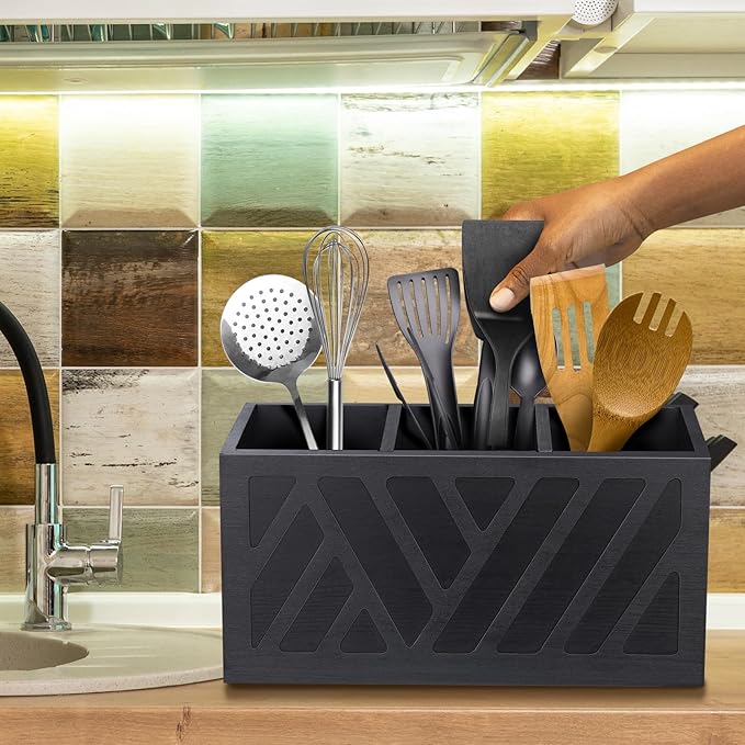 MINCORD Utensil Holder Caddy with 3 Compartments, Wooden Flatware Cutlery Storage Organizer Box Countertop for Silverware Fork Spoon Spatula