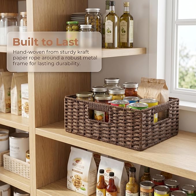 TOPZEA 2 Pack Brown Wicker Storage Basket for Shelves, Hand Woven Paper Rope Shelf Basket, Pantry Organization Baskets with Handle, Decorative Closet Organizer Bins for Kitchen, Bathroom, Coffee Bar